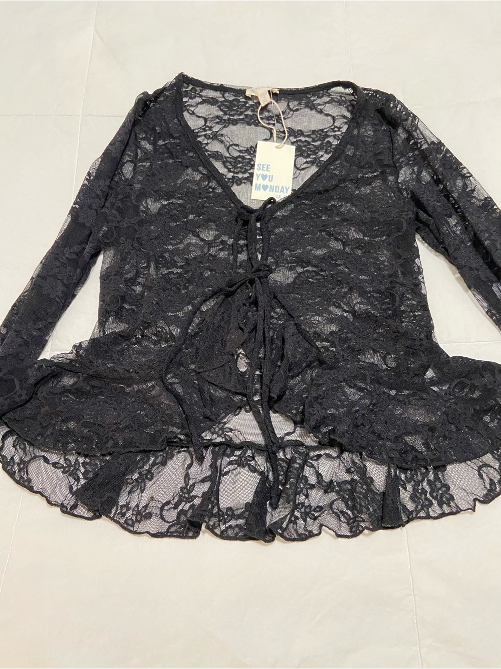 🖤 Sheer Lace Tie-Front Ruffle Top🖤 - Picture 4 of 16